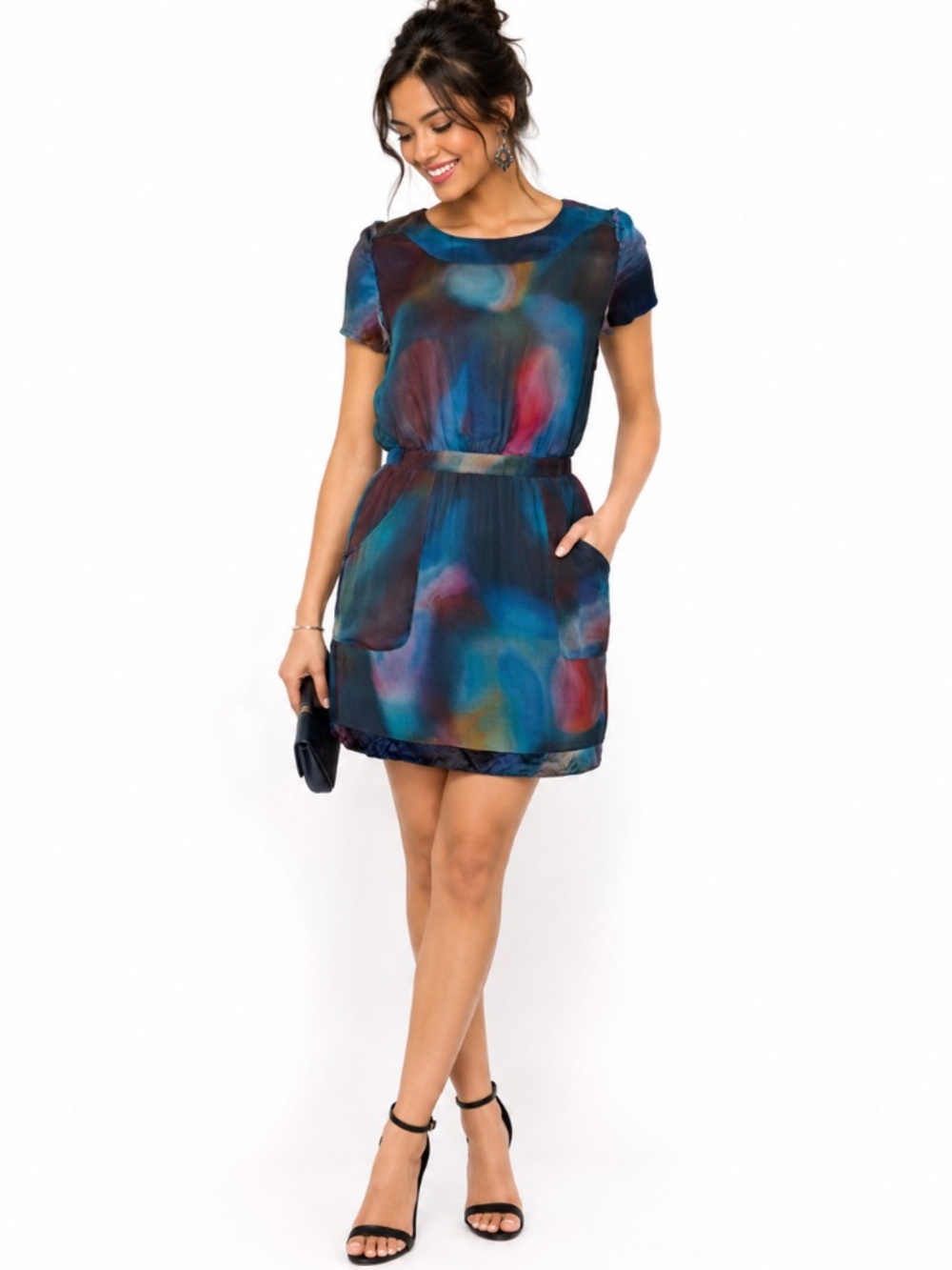 Bird by Juicy Couture Blue Multi Watercolor Romantic Retro Boho Mini Dress Sz. S